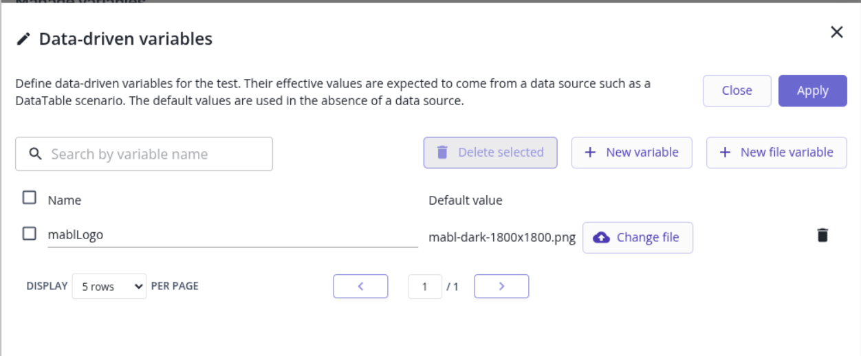 The Data-driven variables modal with a New file variable option and a saved file variable named mablLogo