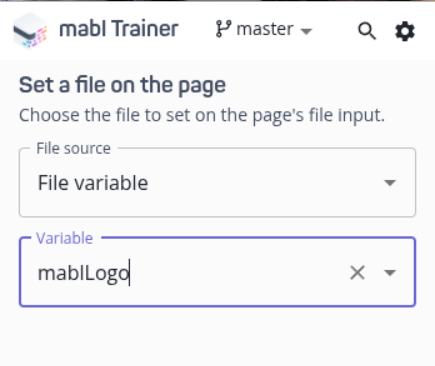 The Set a file on the page picker with File source set to File variable and mablLogo selected