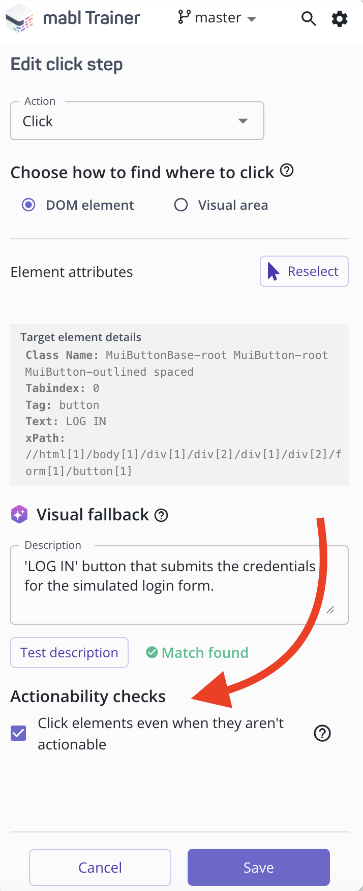 Click step edit view in the Trainer showing the actionability check setting