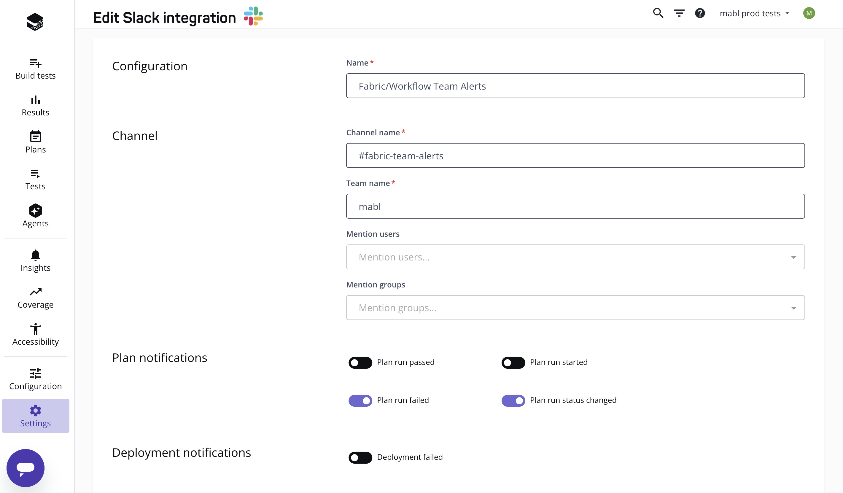 Slack configuration page
