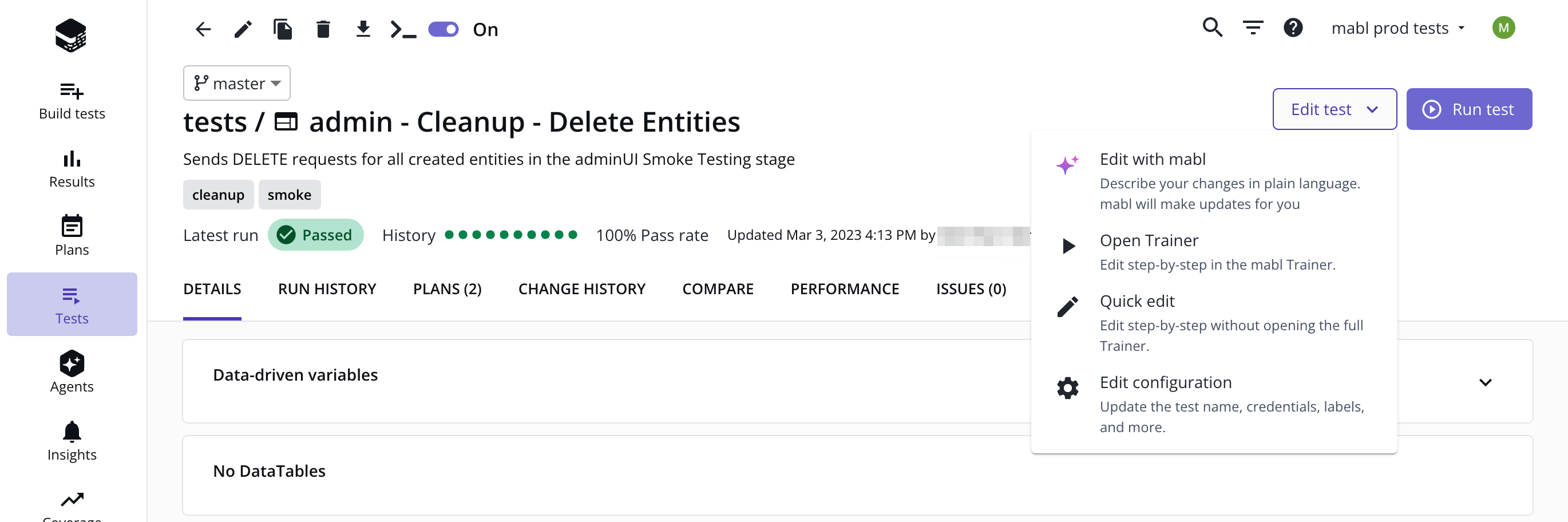 The Edit test menu on the test details page