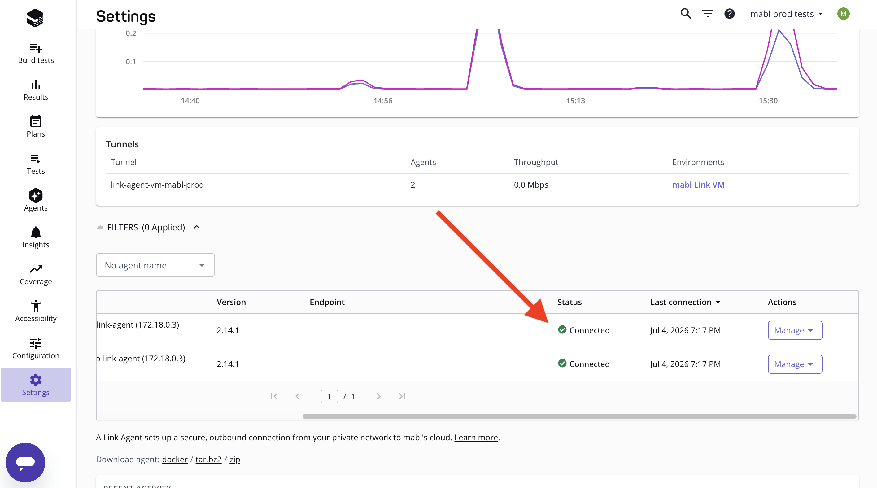 Arrow pointing to a connected status for a Link Agent
