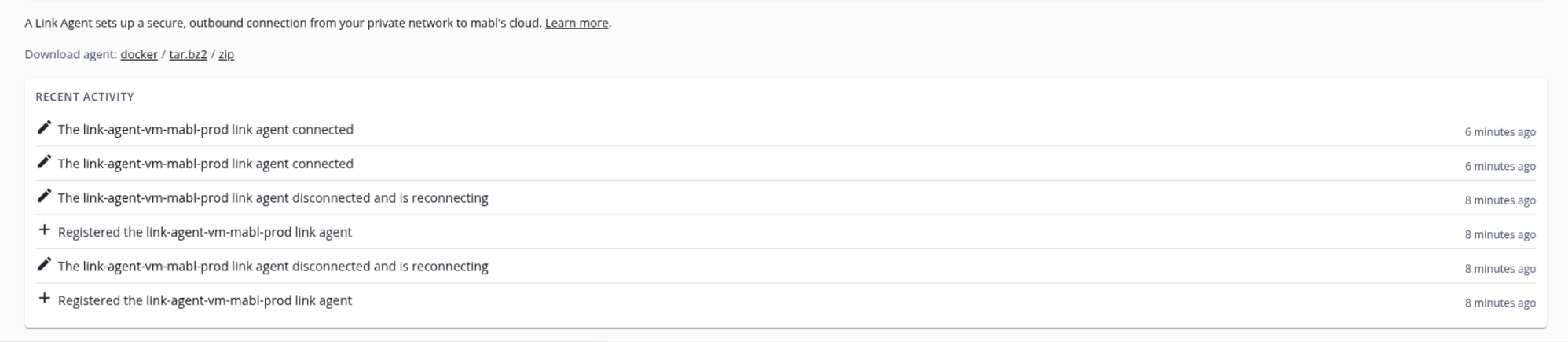 Recent activity on the Networking page listing link agent connection and registration events