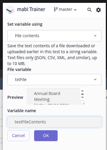 Variables メニューでファイルの内容から変数を作成する
