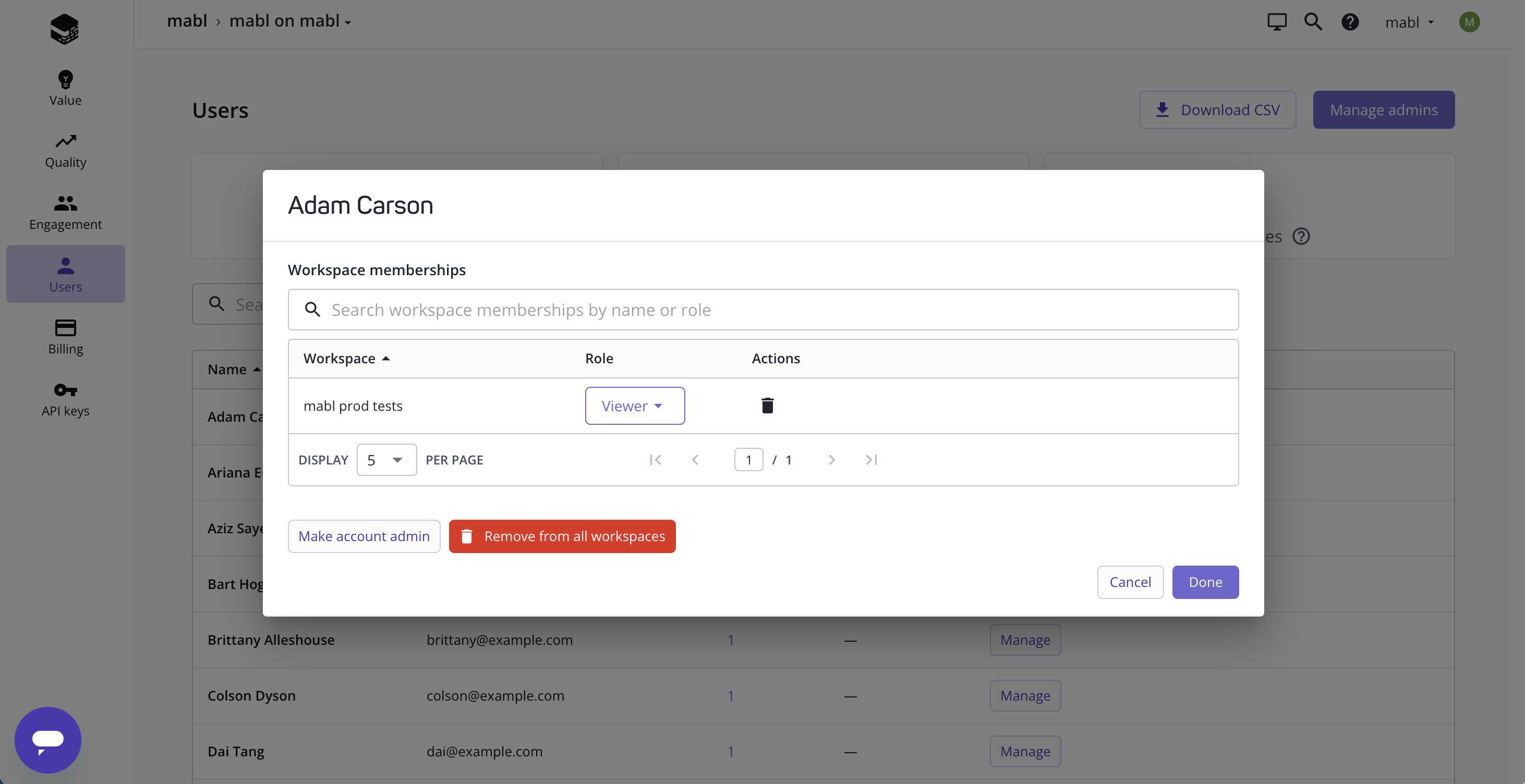 Managing one user's workspace memberships