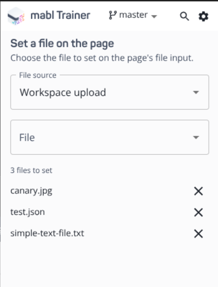 The file selection modal listing three files the step will set, each added from the File source picker above