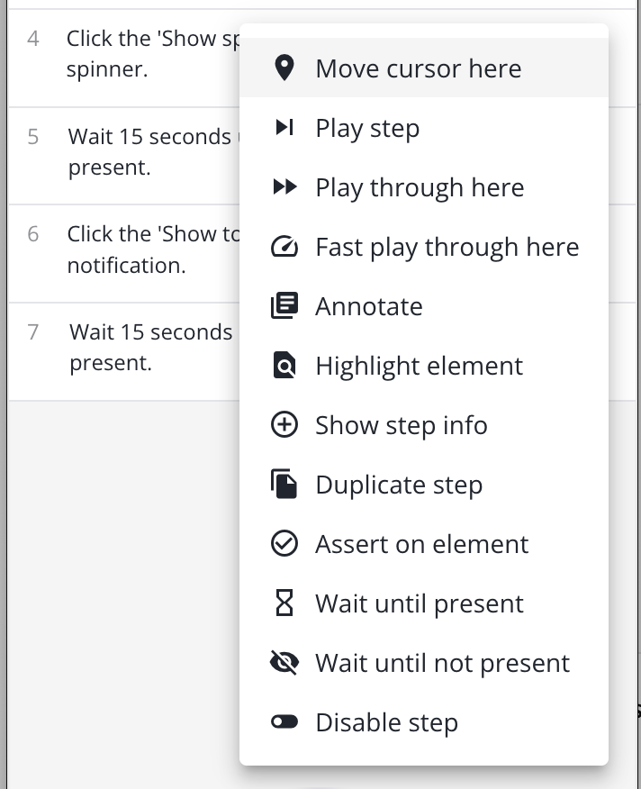 The three-dot menu on an existing step in the mabl Trainer, with the new "Wait until not present" option