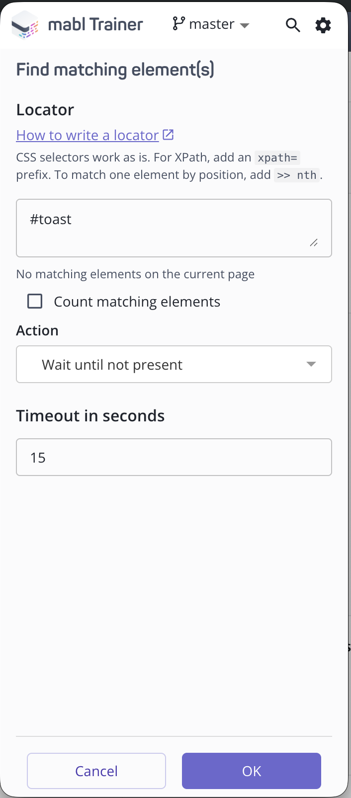 The Find matching element(s) panel with Action set to "Wait until not present" and a 15 second timeout