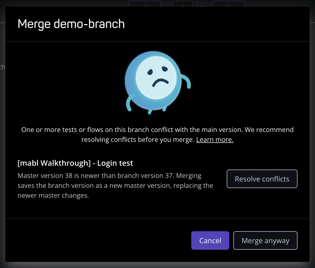Merge dialog listing a conflicting test with a Resolve conflicts action