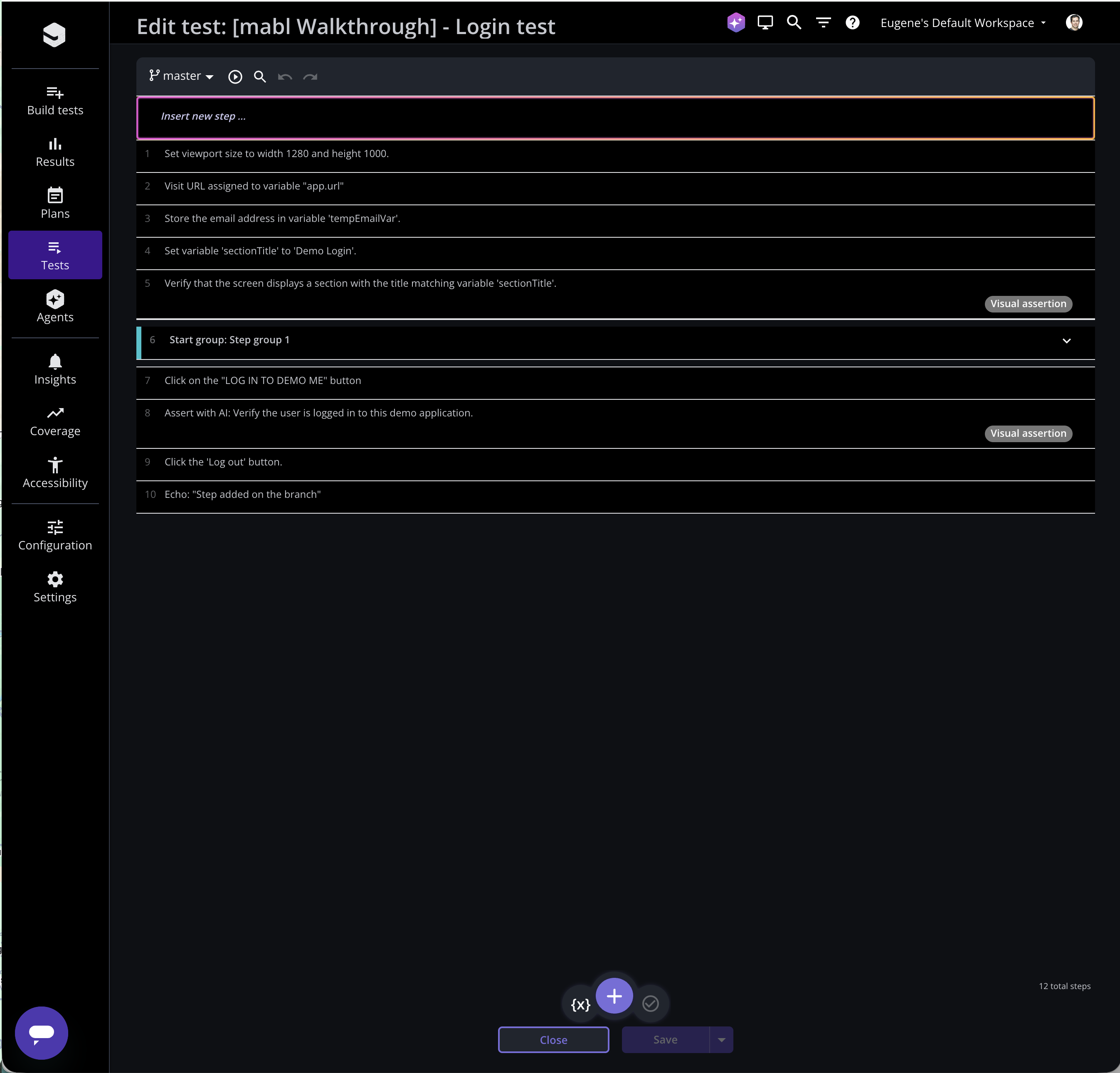 Editing a test's steps in Quick edit, in the web app