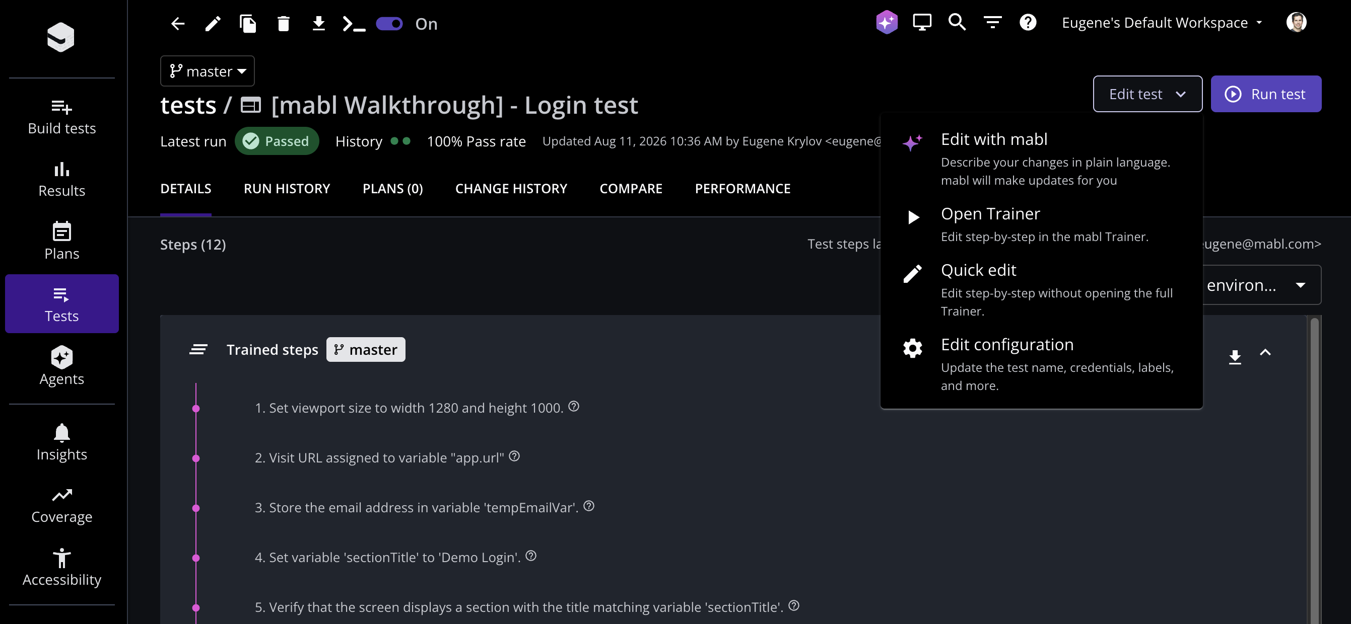 Quick edit in the Edit test menu, alongside Open Trainer and Edit with mabl