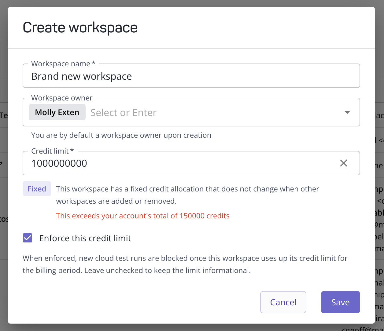 Enforcing a credit limit on a new workspace