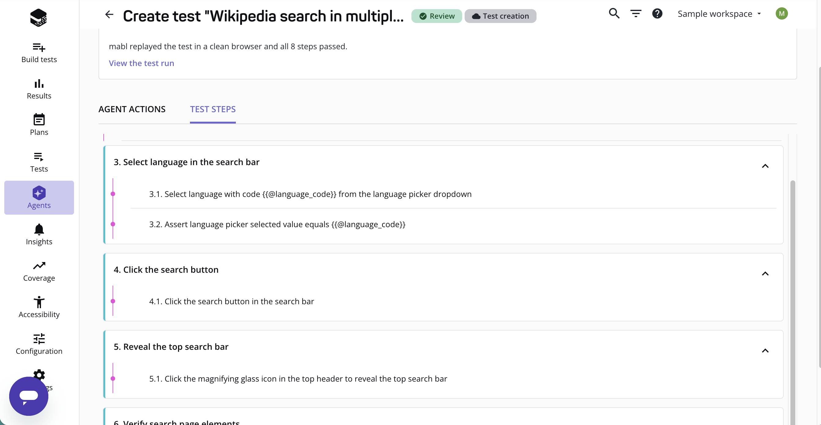 Reviewing a data-driven test authoring session