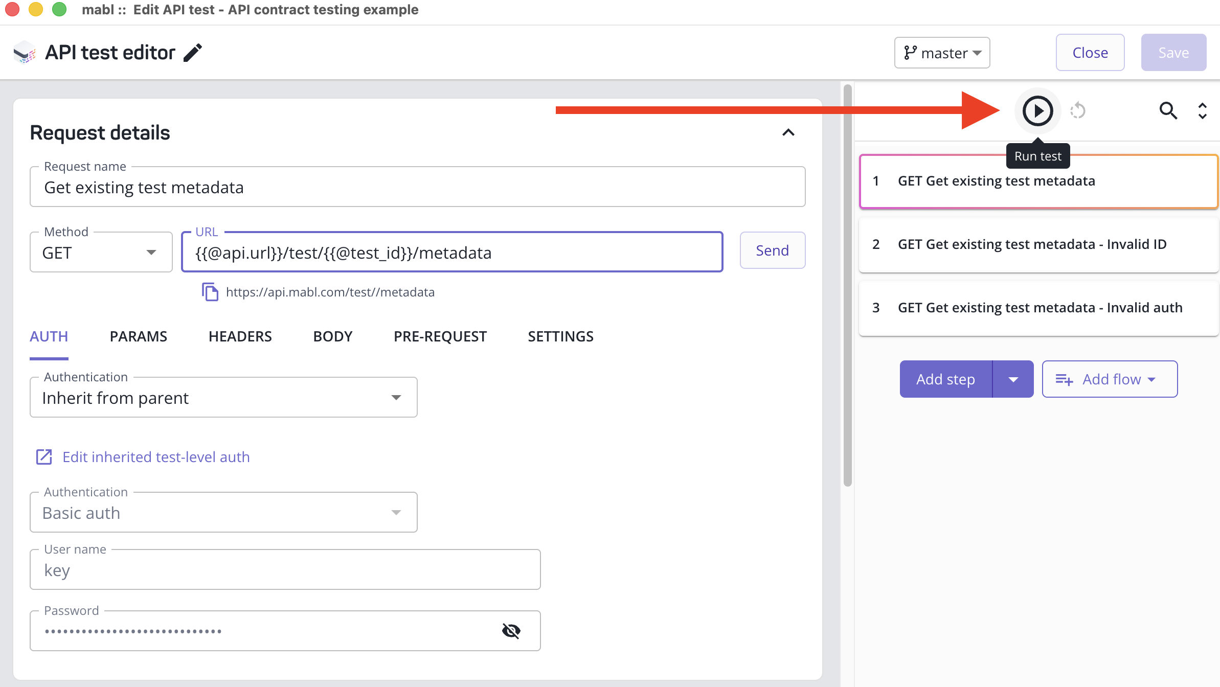 Playing an API test in the editor