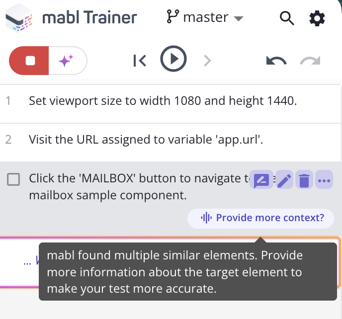 The mabl Trainer highlighting elements that are similar to the selected element