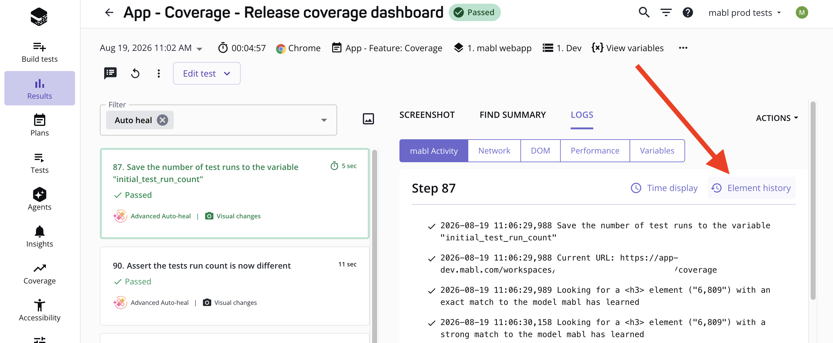 Viewing element history on the Test Output page
