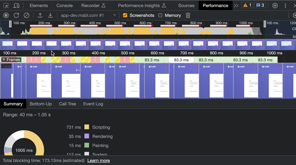 Reviewing a step trace in the Chrome DevTools Performance panel