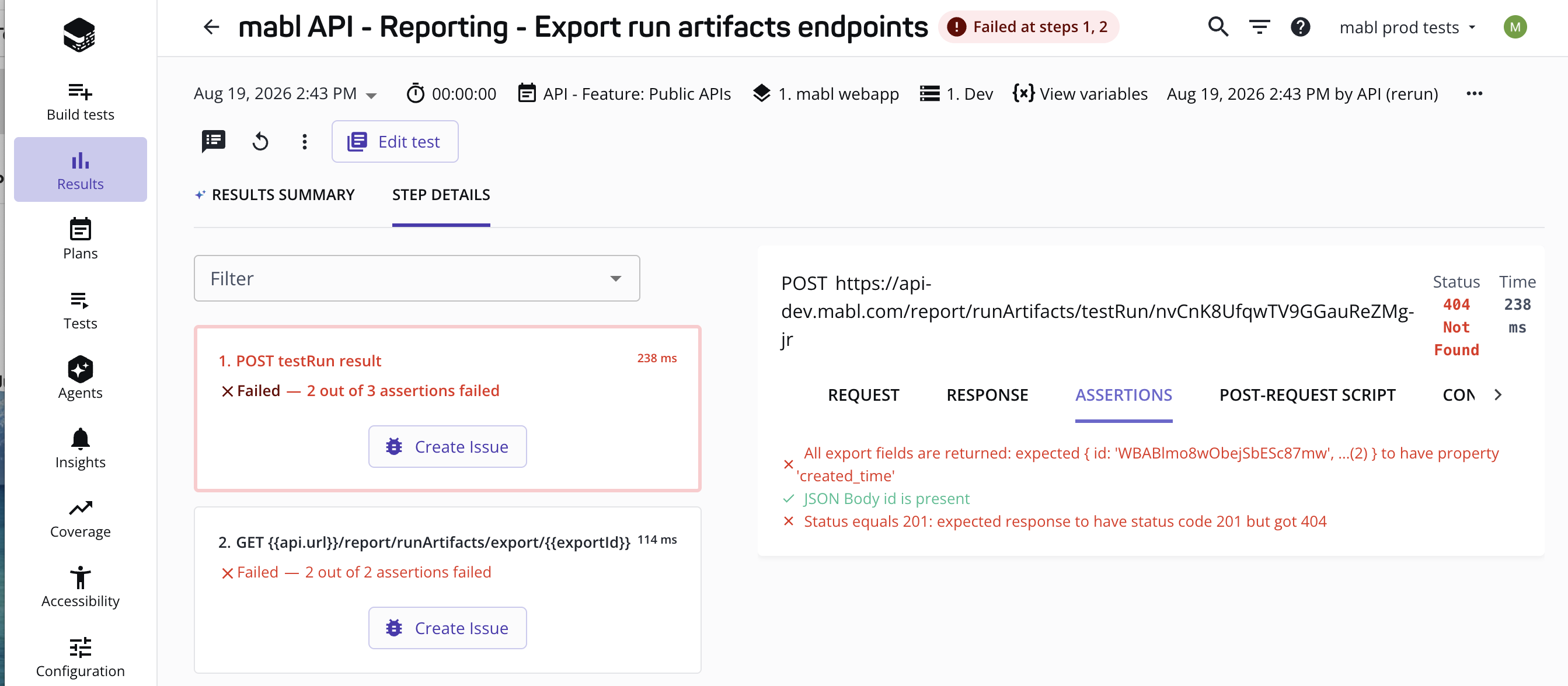 Reviewing individual steps in an API test run