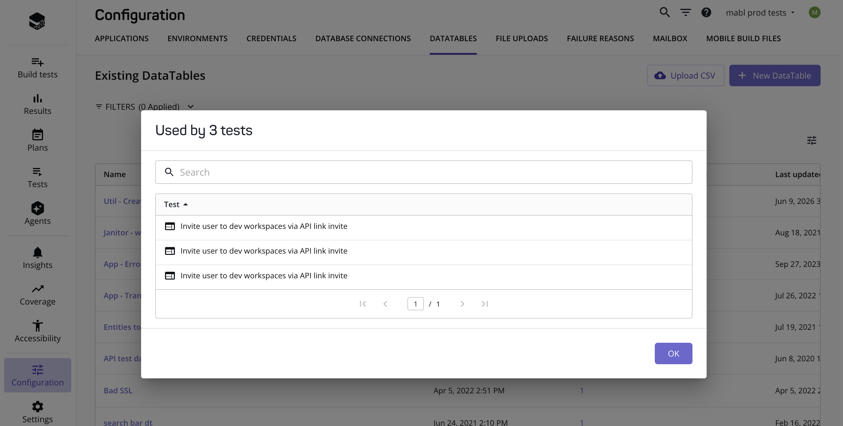 Reviewing tests associated with a flow