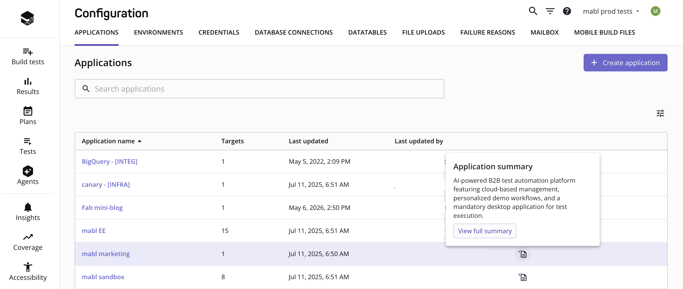 Viewing an application summary