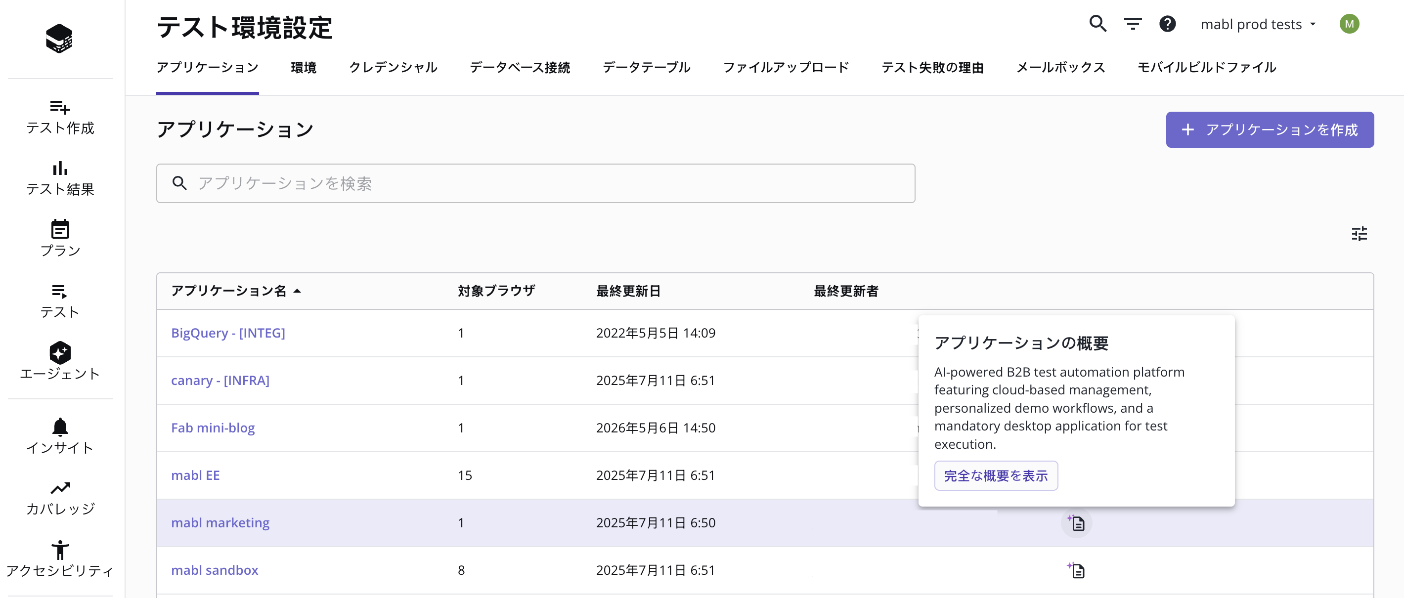 アプリケーションサマリーの表示
