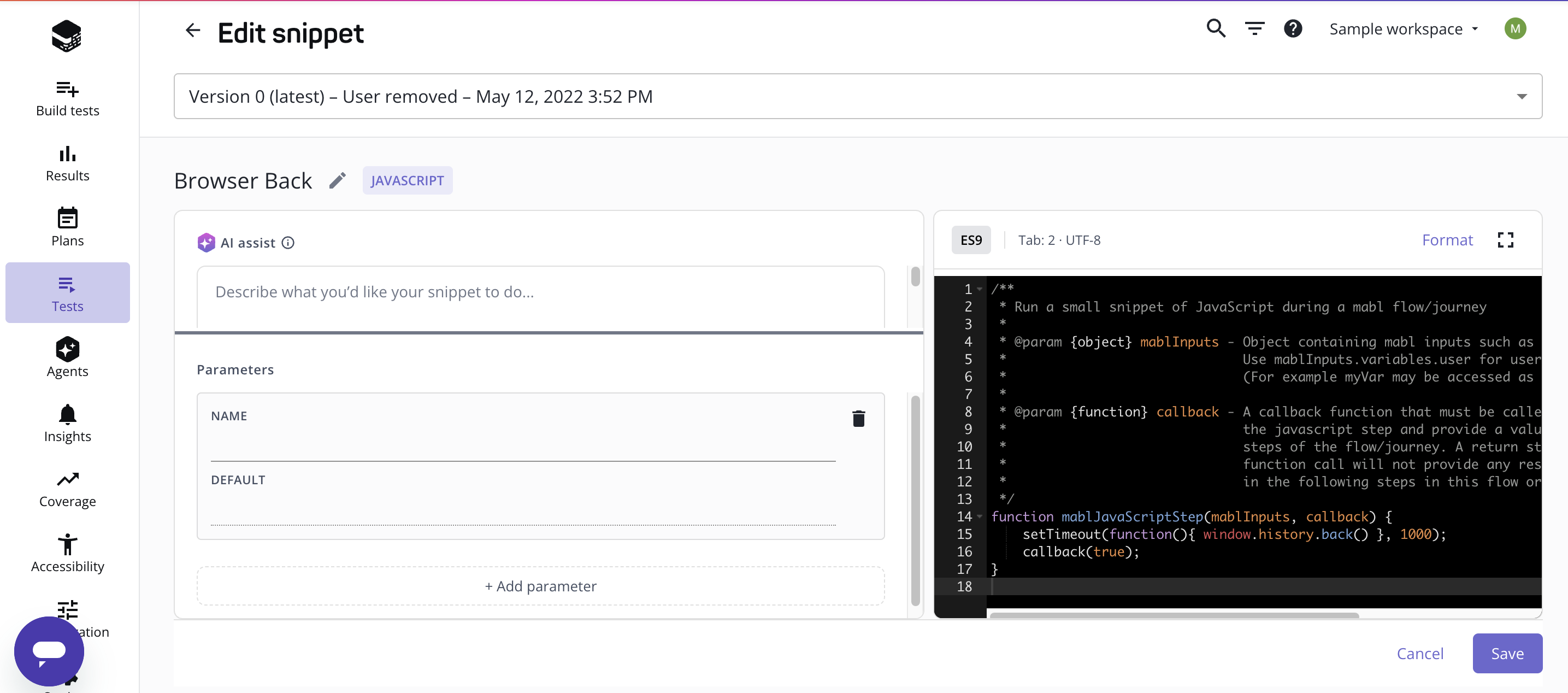 Resizing panels in the snippet editor