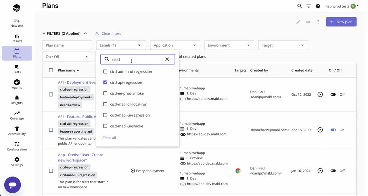 Filtering plans by multiple labels
