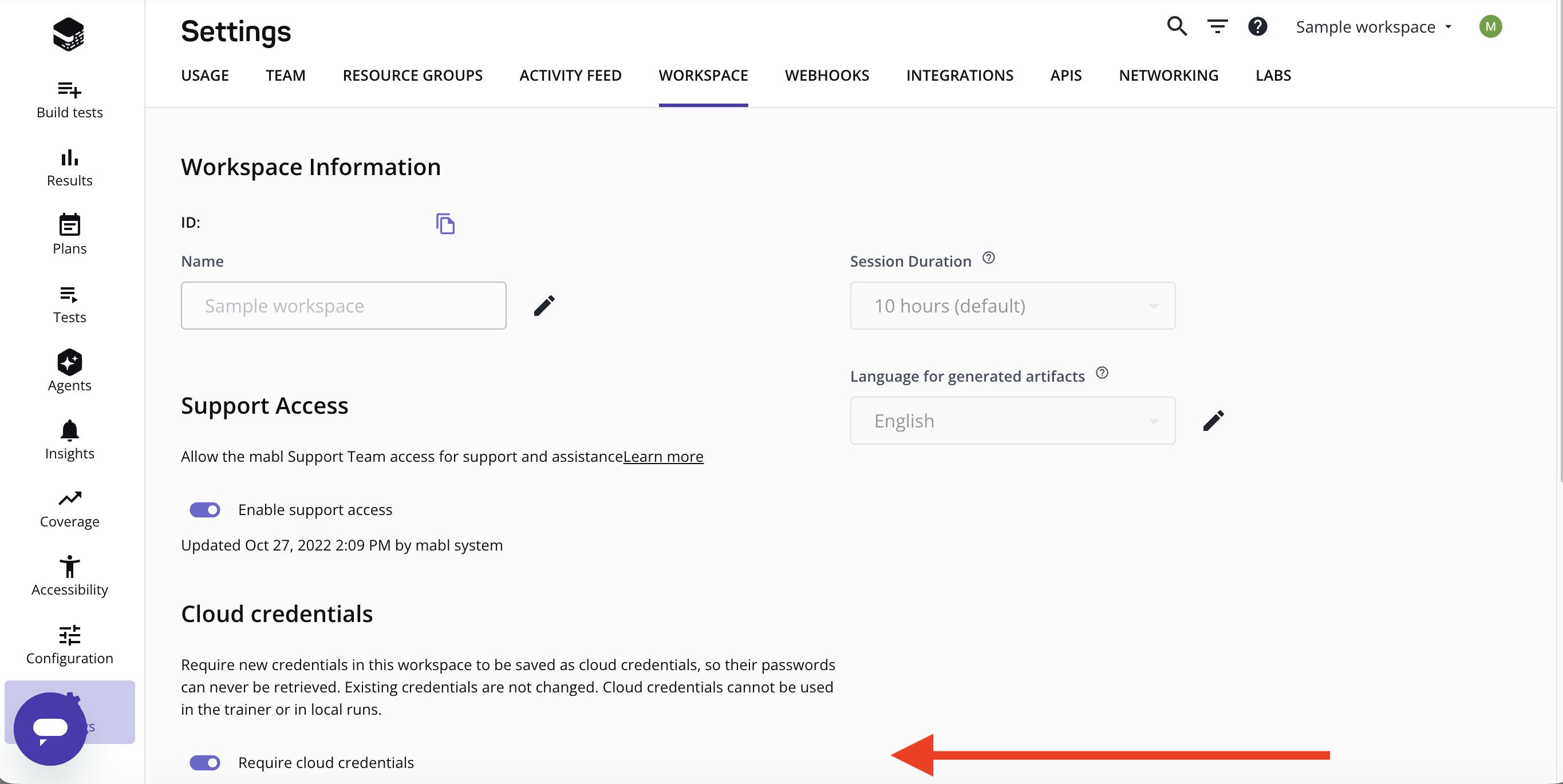 Location of the "Require cloud credentials" setting
