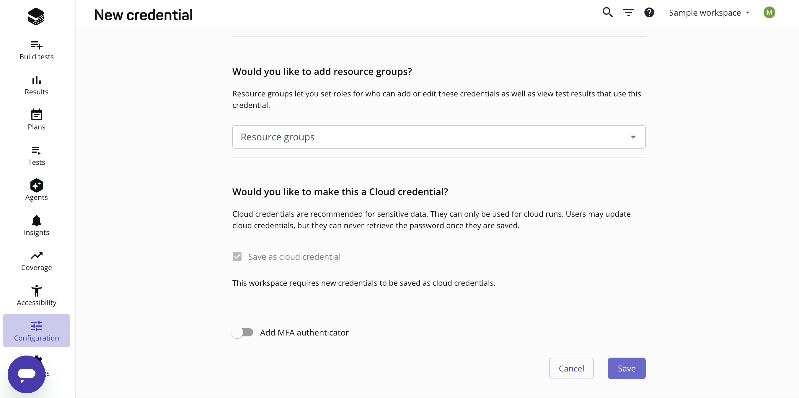 require cloud credentials 設定がオンのとき、クラウドクレデンシャルのチェックボックスがあらかじめオンになっている様子