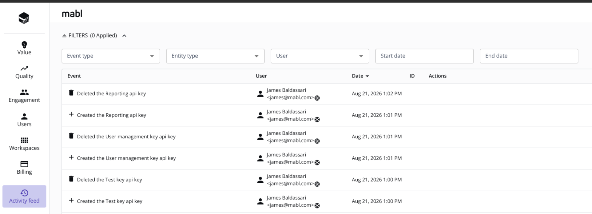 The Activity feed in the company dashboard, with filters for event type, entity type, user, and date range