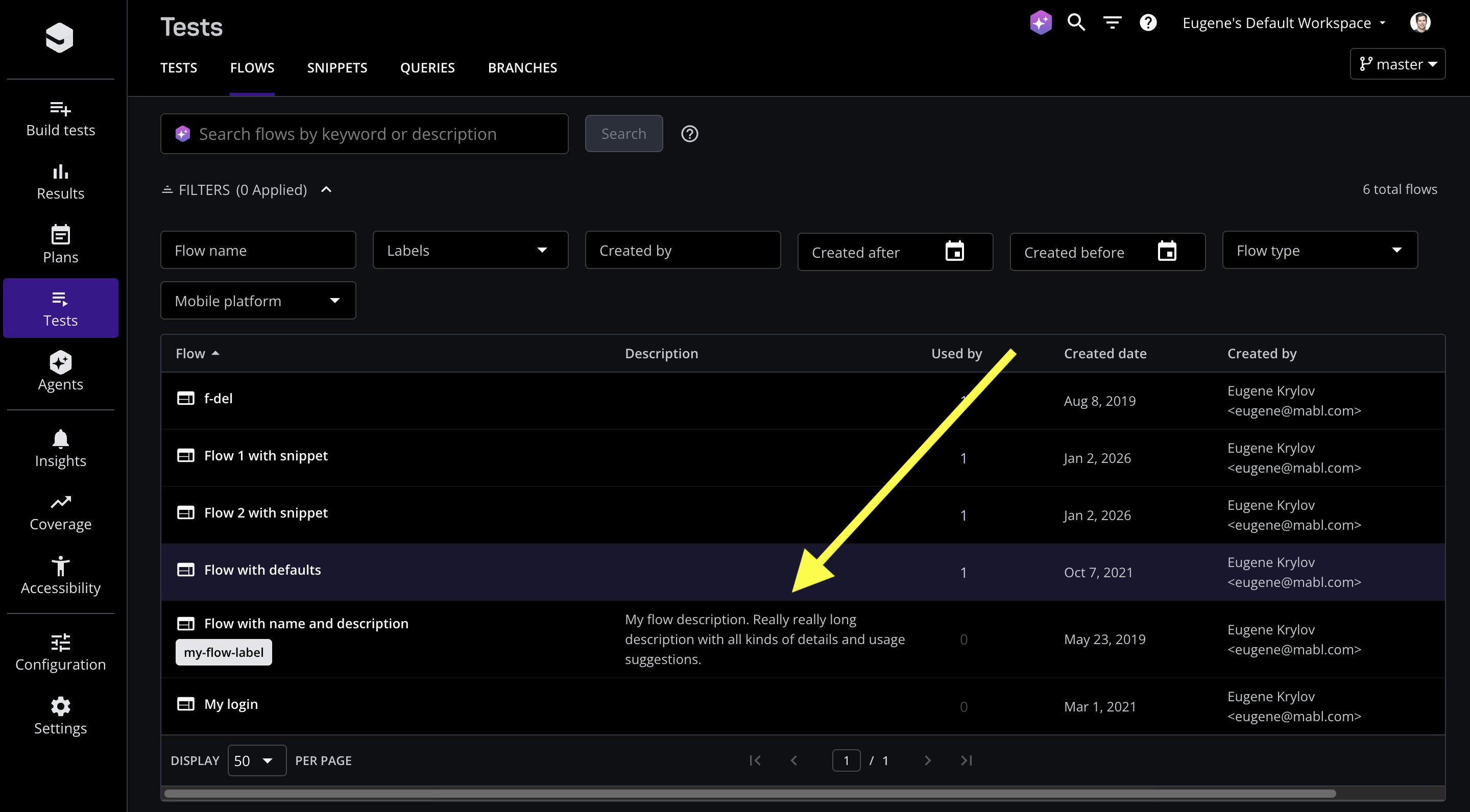 A flow's description shown in the flows table