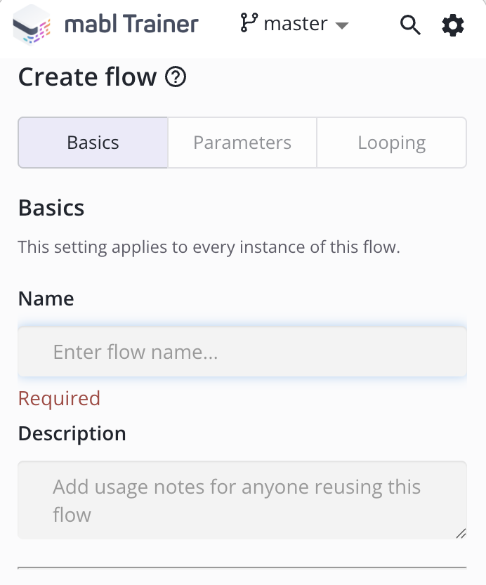 The Create flow form in the mabl Trainer with the new Description field