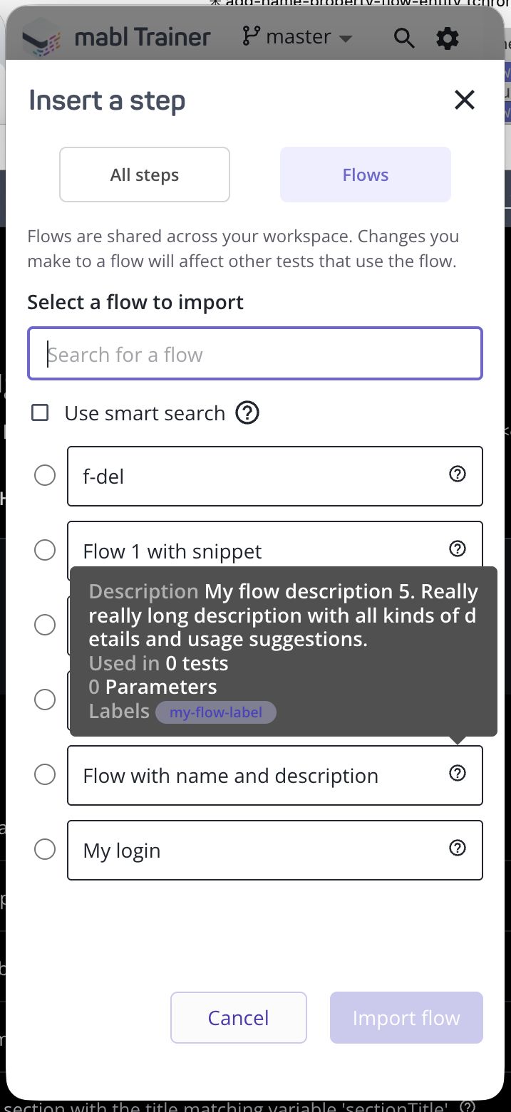 Hovering over a flow in the import flow list to see its description