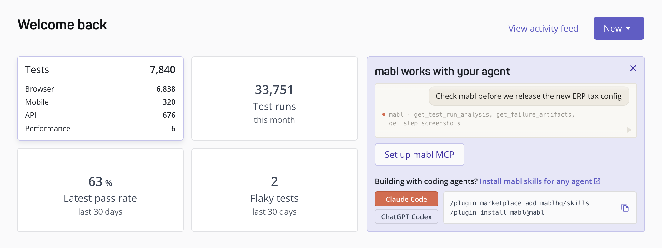 The workspace dashboard's four stat cards: Tests flipped to show its browser/mobile/API/performance breakdown, plus Test runs, Latest pass rate, and Flaky tests, alongside a panel introducing mabl's coding-agent skills