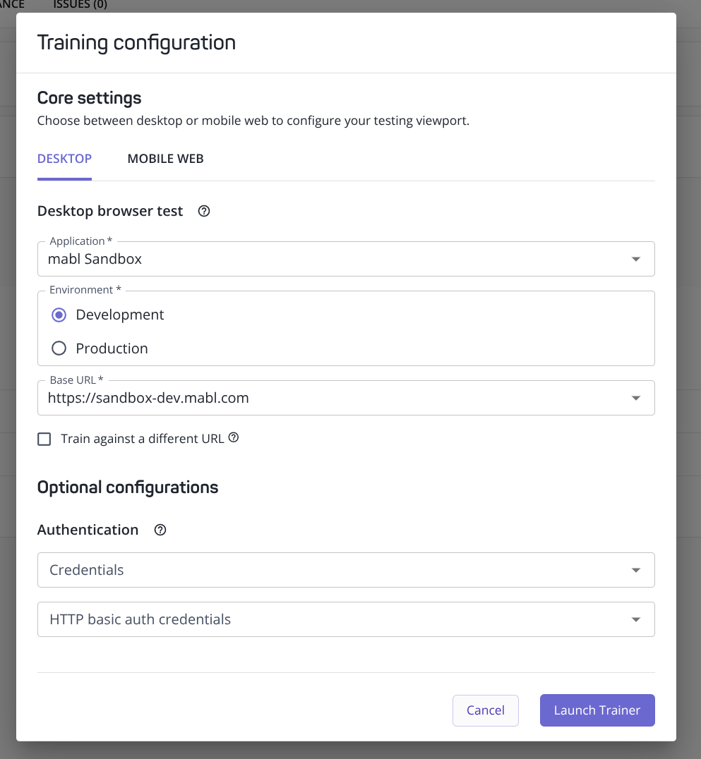 The Training configuration modal's Authentication section, showing the new HTTP basic auth credentials field beside the existing Credentials field