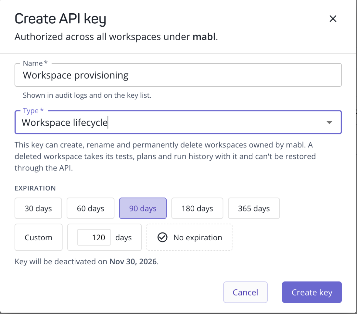 Creating a Workspace lifecycle API key