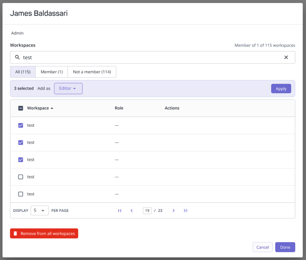 Selecting workspaces to add a user to, with the role picker and Apply button above the table