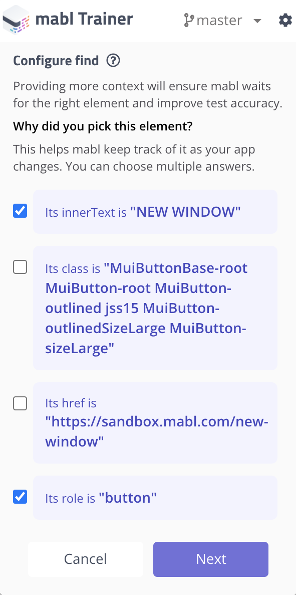 Selecting attributes for the step