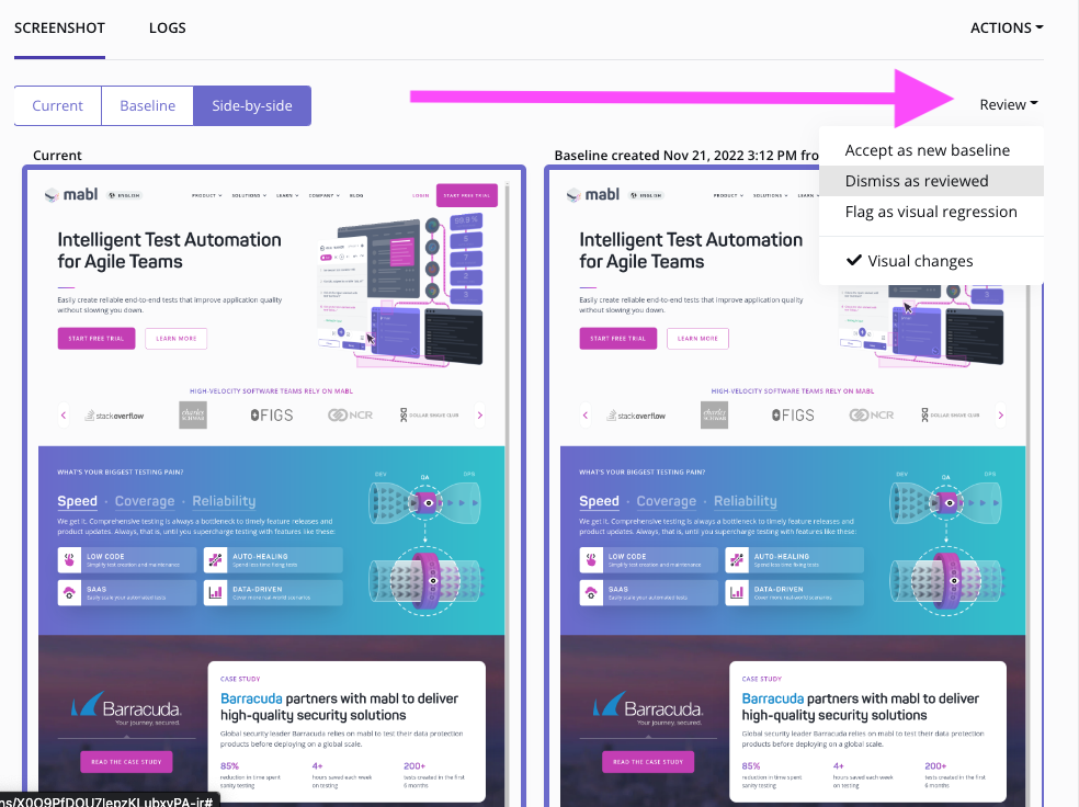 Arrow pointing to review options on the test output page