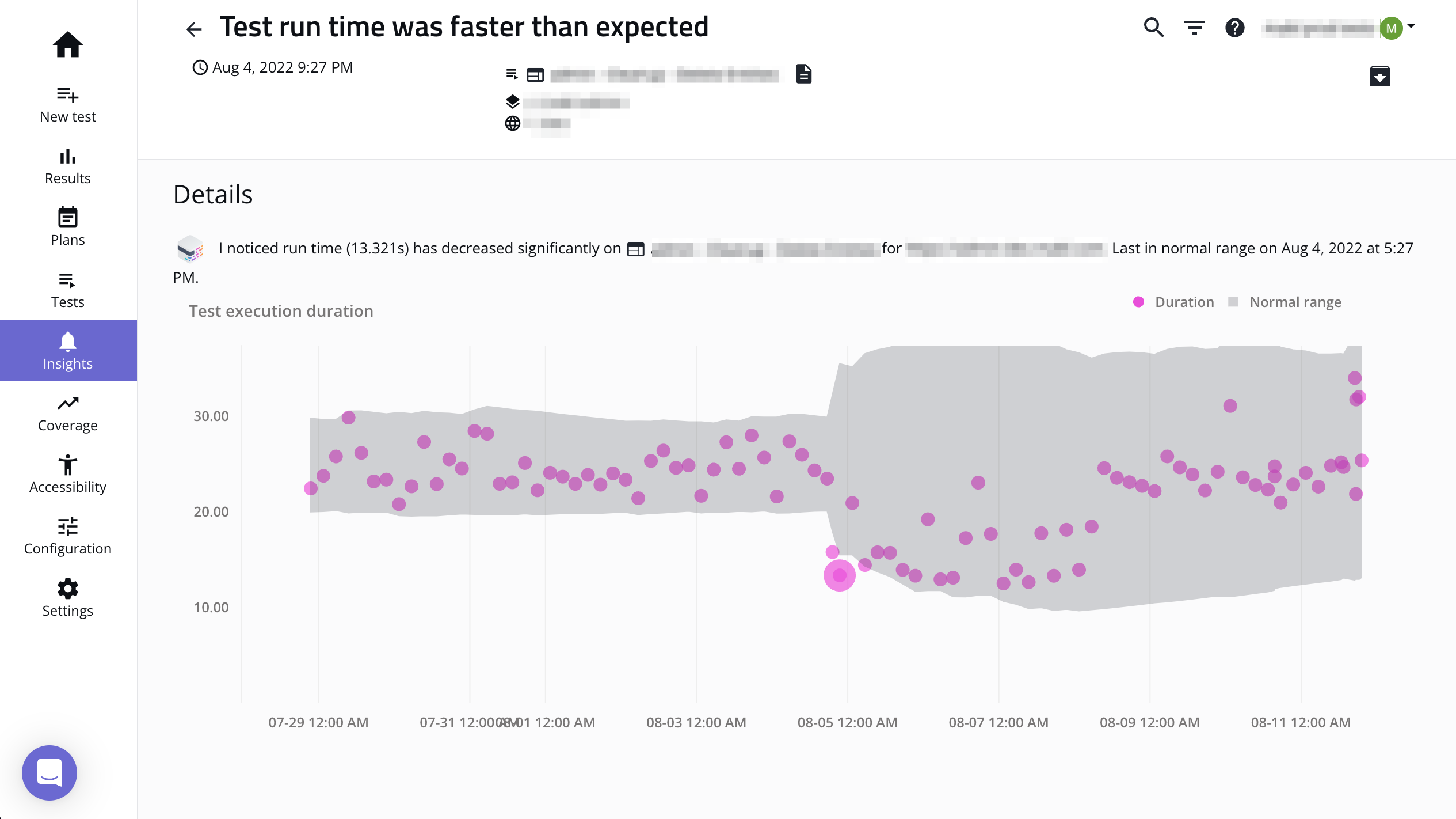 Details for a "Test run time low" insight