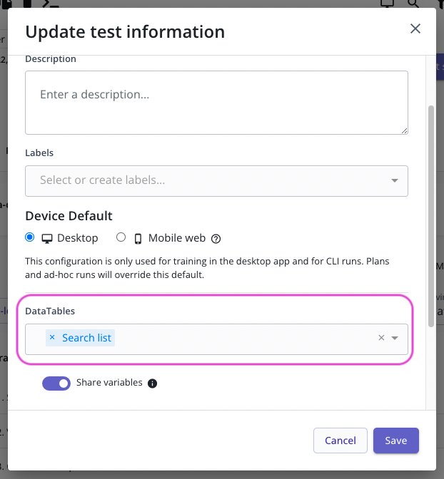 Associating an existing test with a DataTable