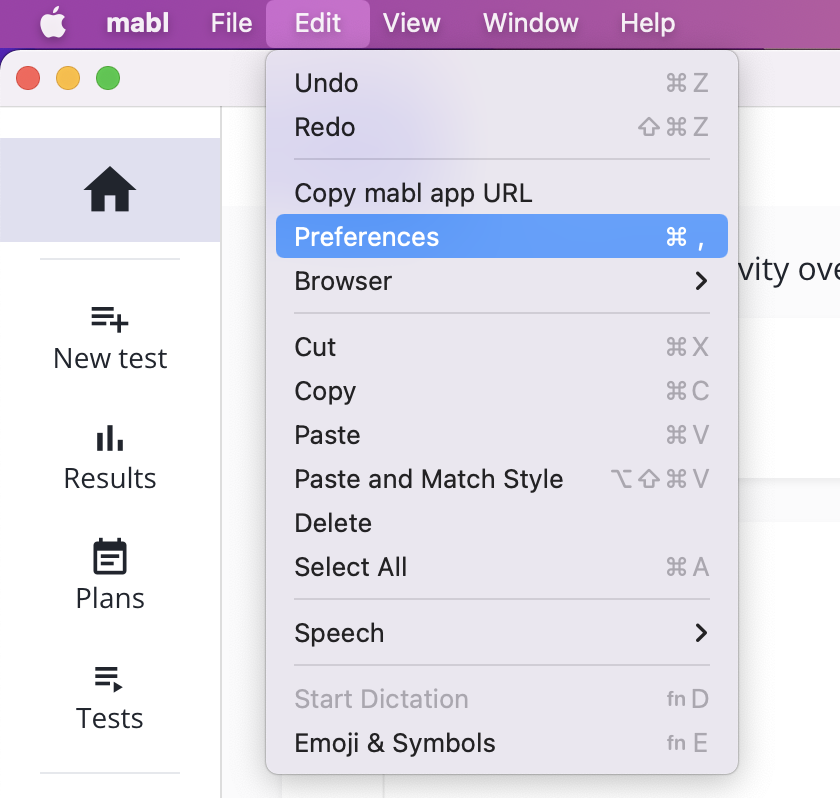Preferences menu