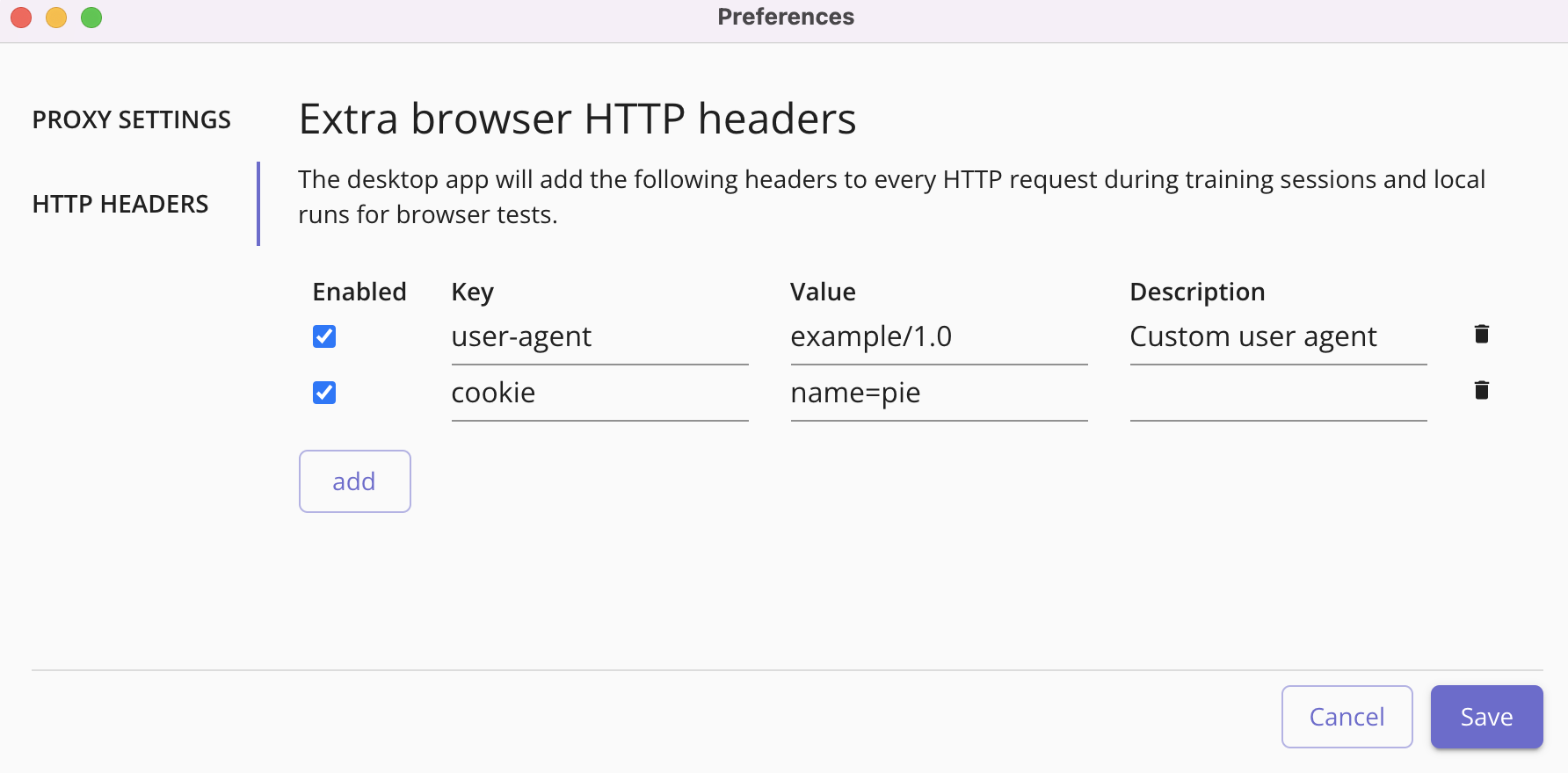 Adding custom HTTP headers in the Preferences menu