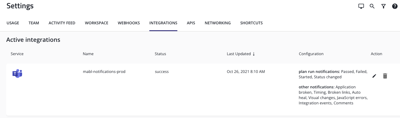 Teams integration in the mabl app