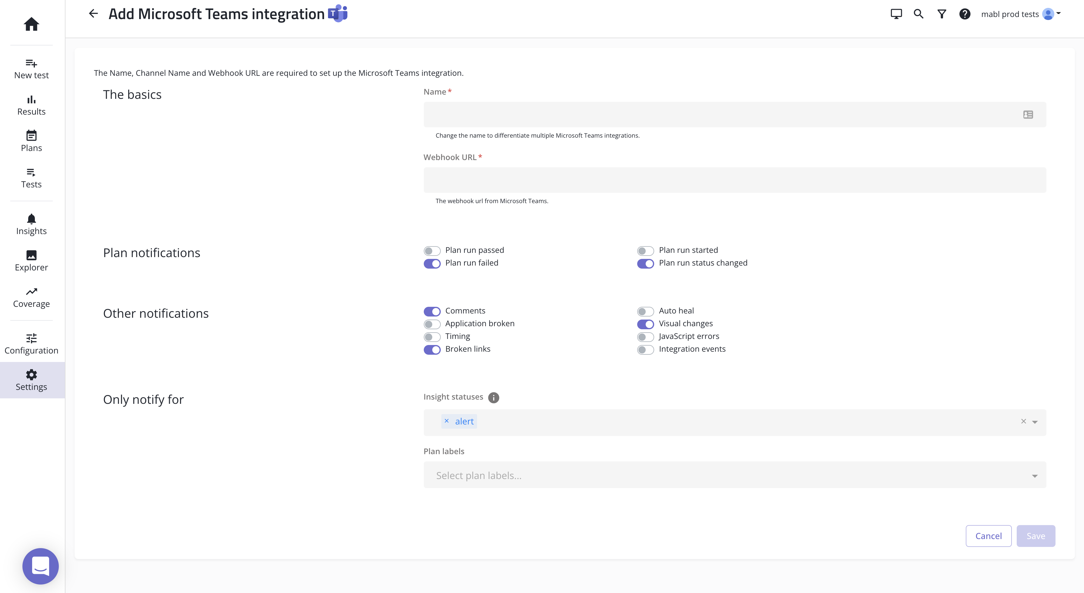 A sample configuration that alerts on plan runs, comments, visual changes, and broken links