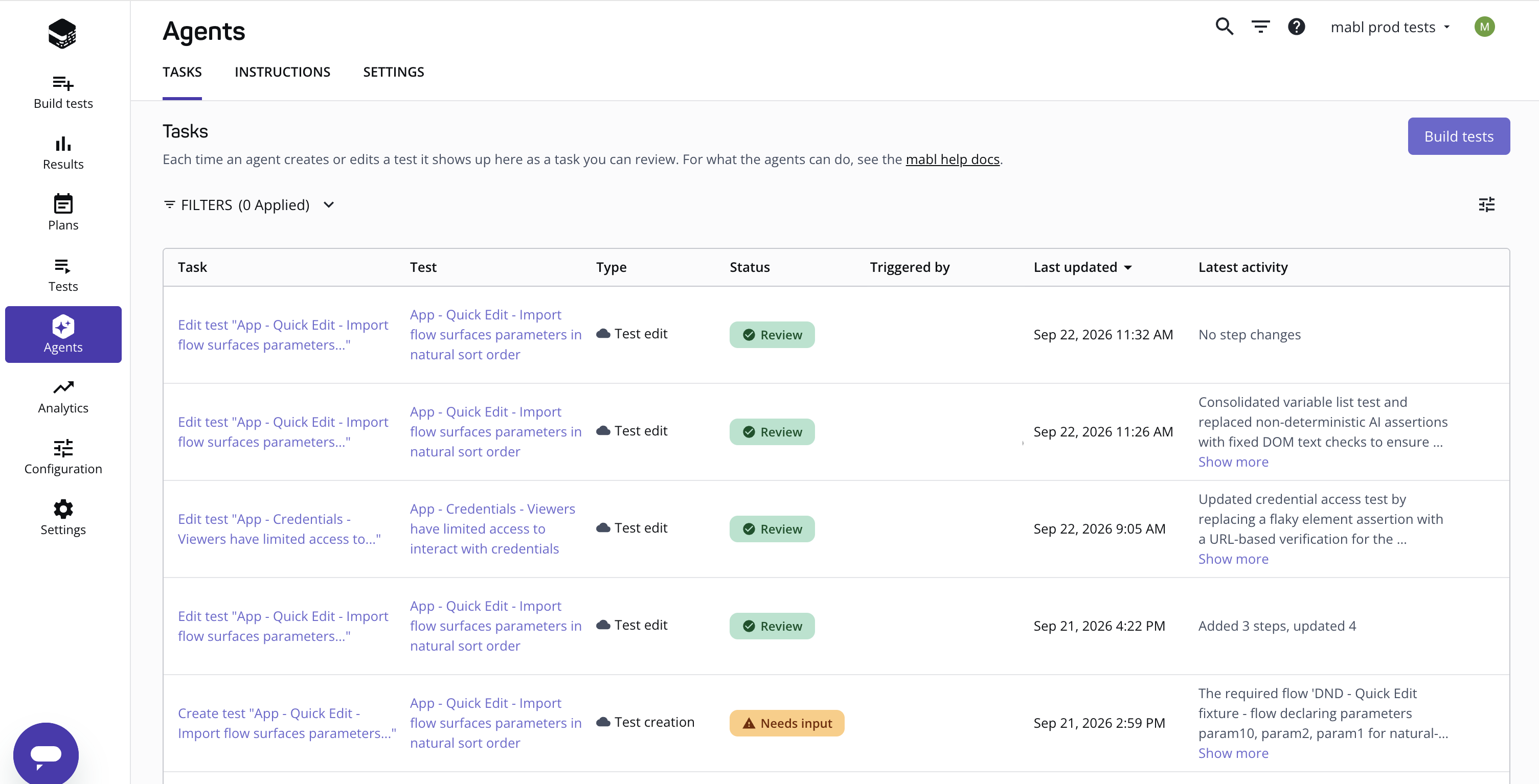 The Tasks table on the Agents page, with every task listed in one table and its state in the Status column