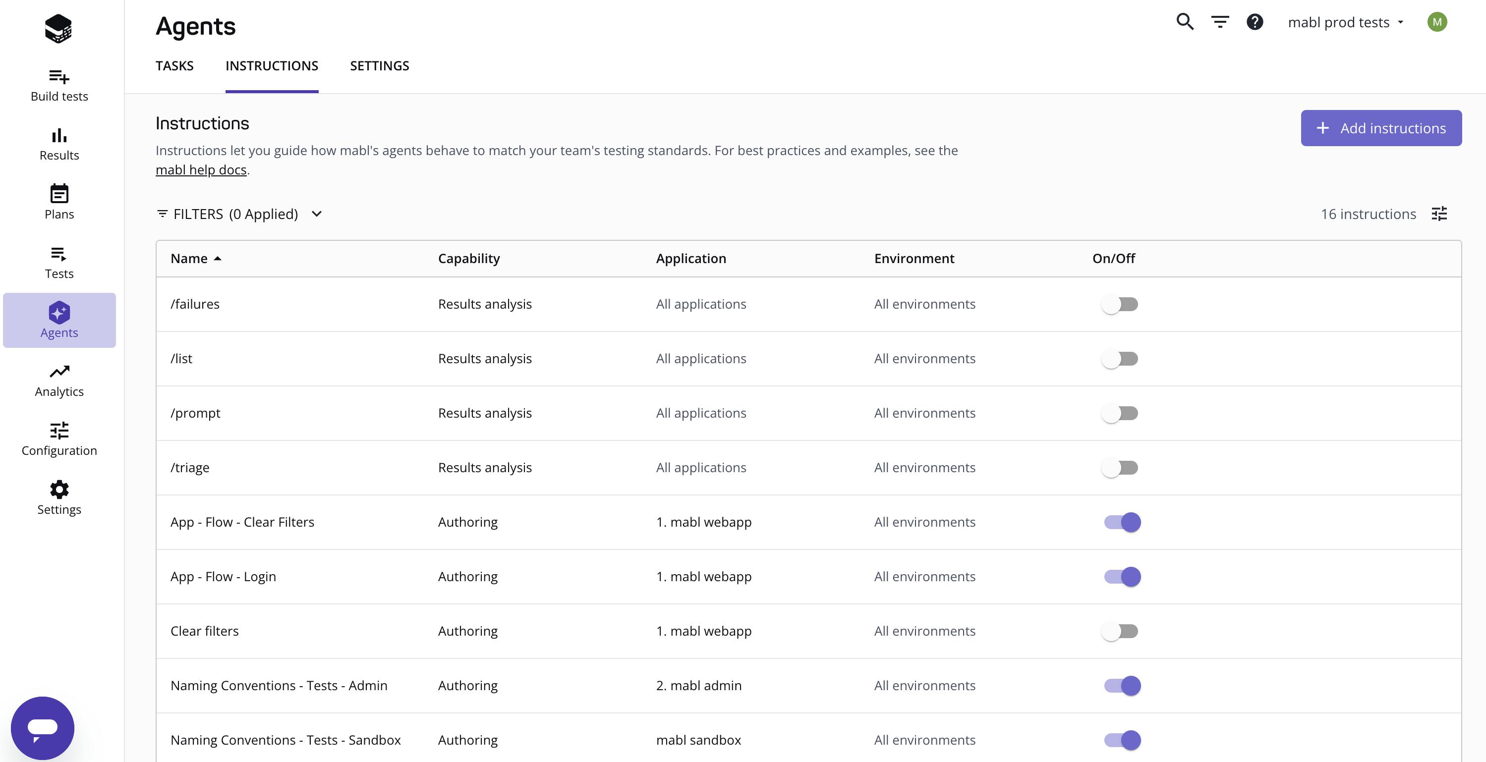 The Instructions tab on the Agents page, listing each instruction with its capability, application, environment, and on/off toggle
