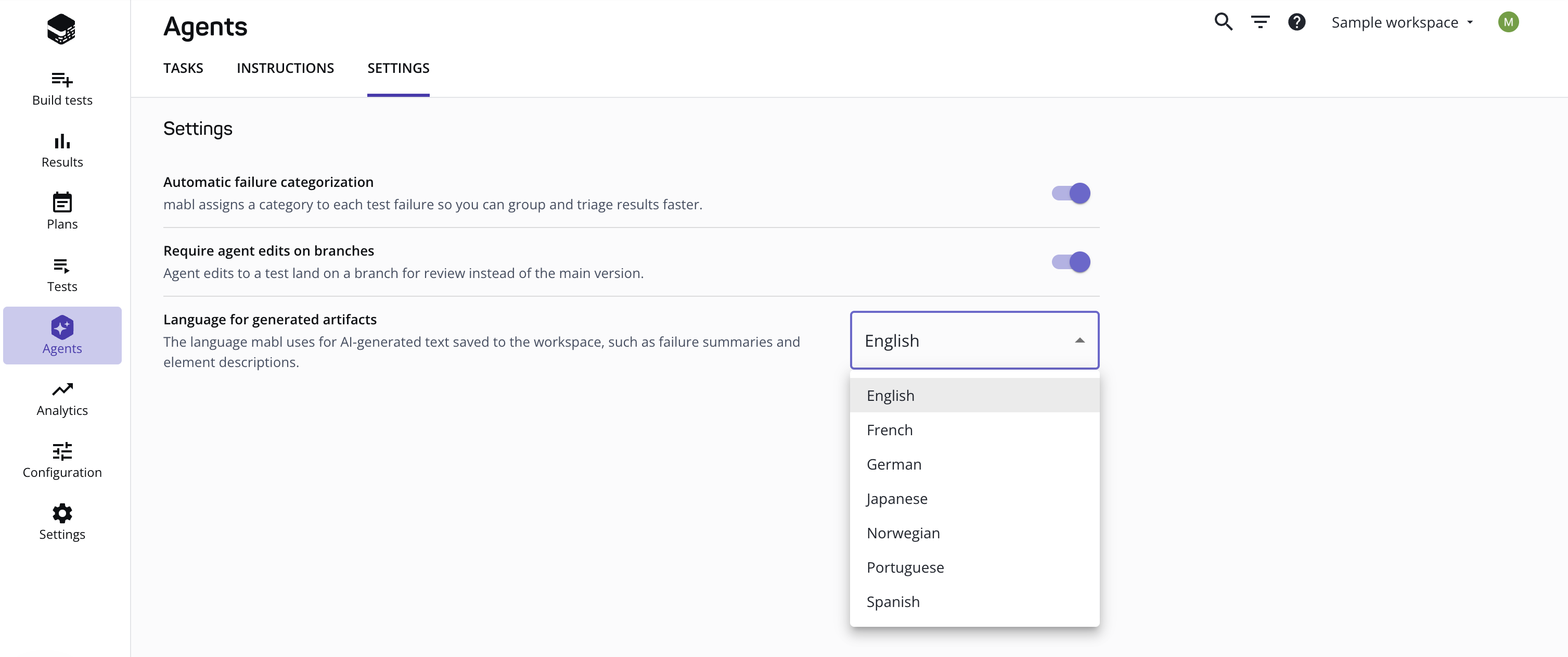 Language dropdown on the agent settings page