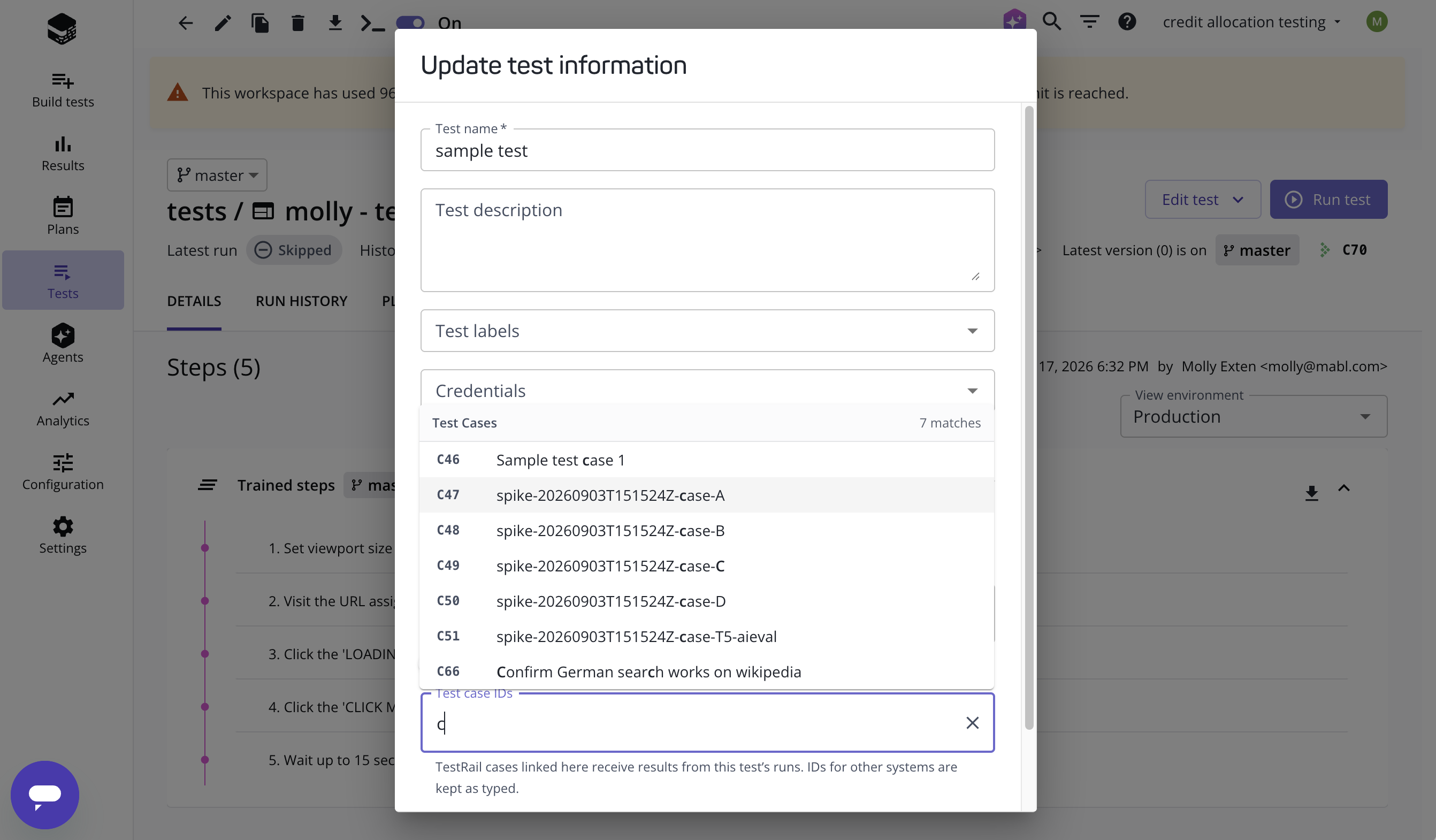 Searching TestRail cases by title in the Test case IDs field of the Update test information dialog