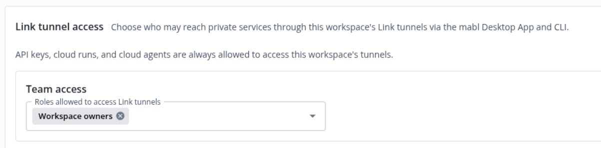 The Link tunnel access settings on Settings > Networking, with Workspace owners selected under Roles allowed to access Link tunnels